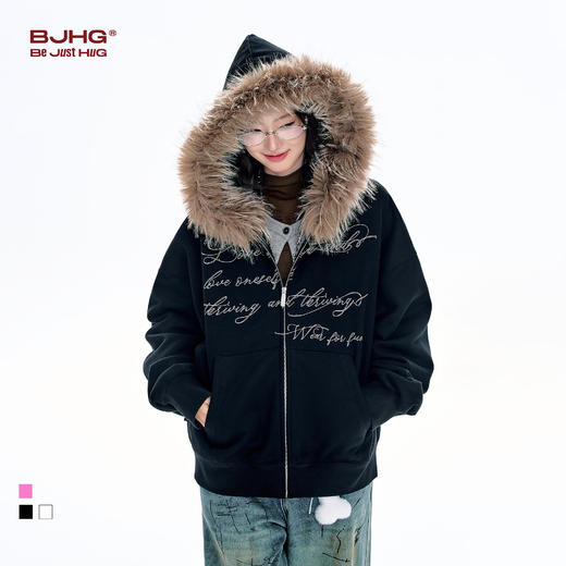 BJHG不计后果毛领连帽卫衣女秋冬新款潮牌复古加绒开衫休闲外套男 商品图0