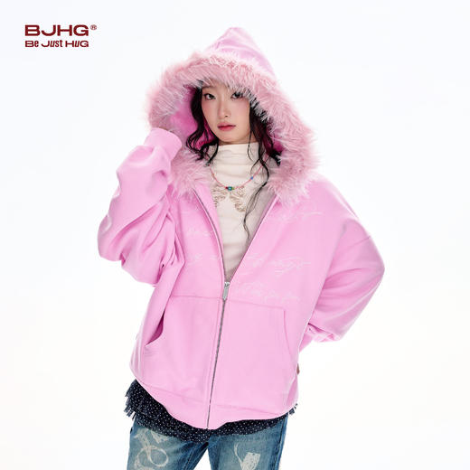 BJHG不计后果毛领连帽卫衣女秋冬新款潮牌复古加绒开衫休闲外套男 商品图3