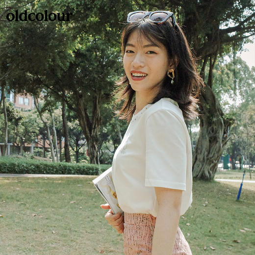 oldcolour欧珂纯棉纯色简约百搭气质短袖T恤女夏季M24021164 商品图3