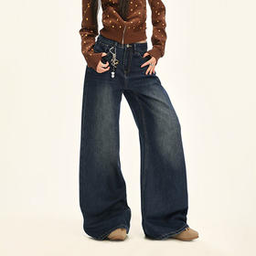 西遇美式复古牛仔裤女冬季新款高腰直筒宽松水洗加绒阔腿裤SS051794