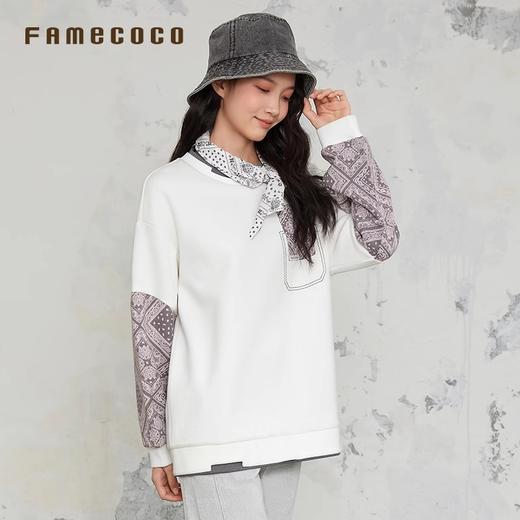 Famecoco范可儿宽松休闲套头卫衣印花拼接袖短款上衣FAB6BL005 商品图1