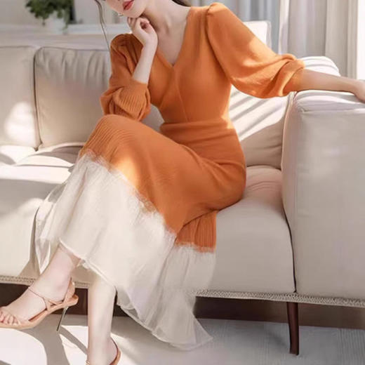 新款橘色针织连衣裙上流社会独特漂亮设计感长裙 商品图2