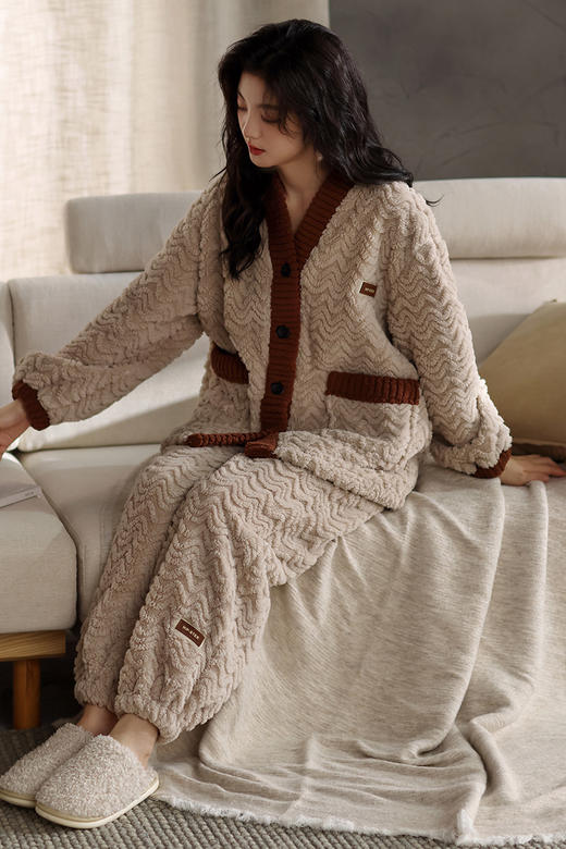 法黛琪冬季珊瑚绒女款开衫套装保暖睡衣 552214 商品图5