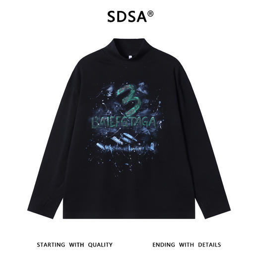 T4985SDSA秋冬新款痞帅男装泼墨手绘字母印花半高领长袖T恤百搭时尚潮 商品图1