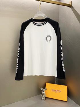 D110716梵文马蹄拼接发泡字母印花爆款长袖T恤