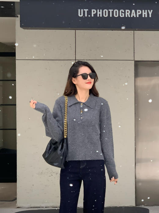 【百图lulu定制】【作家毛衣】翻领 珍宝扣 羊毛混纺 翻领 POLO毛衣 商品图11