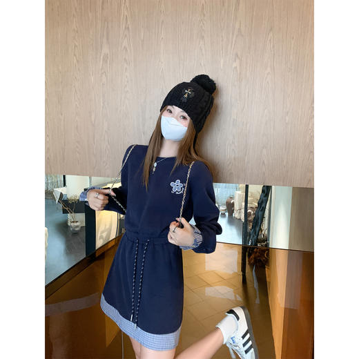 【189元任选2件】现货！韩系早秋格子拼接长袖卫衣连衣裙 商品图0