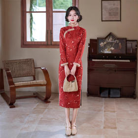 麂皮绒暗花长款少女款旗袍，时尚改良年轻款日常旗袍裙GX-3125233