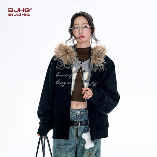 BJHG不计后果毛领连帽卫衣女秋冬新款潮牌复古加绒开衫休闲外套男 商品图2