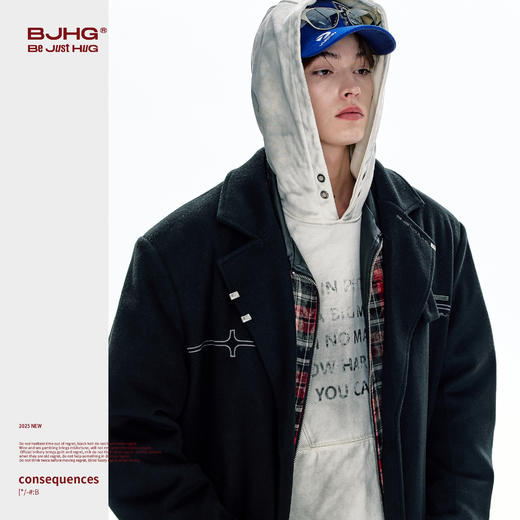 BJHG不计后果长款大衣夹克男款秋冬新款宽松休闲黑色立领毛呢外套 商品图1