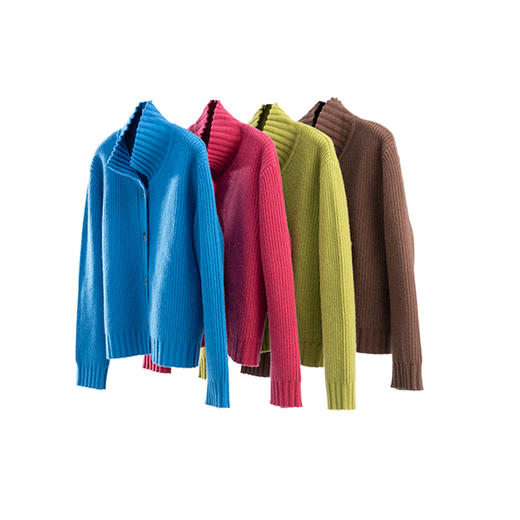 特绽放745朵/蜡笔·宽松全绵羊毛开衫立体坑条半高领开襟毛针织衫 商品图4