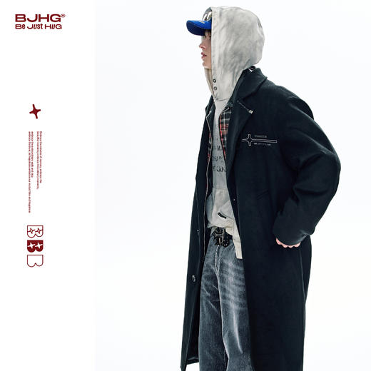 BJHG不计后果长款大衣夹克男款秋冬新款宽松休闲黑色立领毛呢外套 商品图0