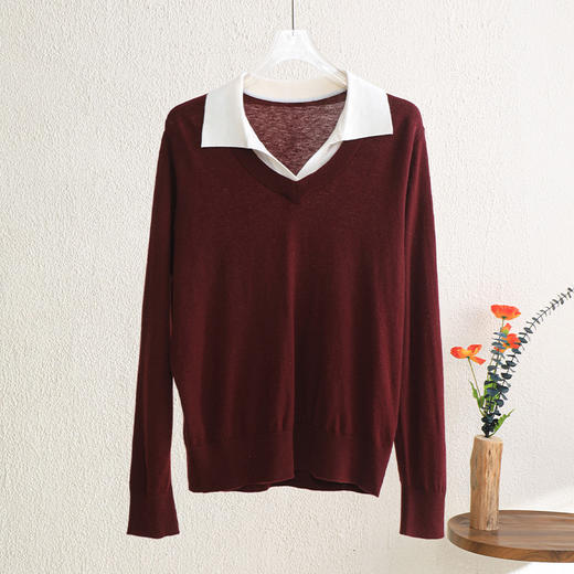 「自」全新升级【铂金会员293/天猫389/差价96】(70321)洛诗琳新款美利奴羊毛上衣2025秋冬假两件翻领长袖针织衫 商品图5