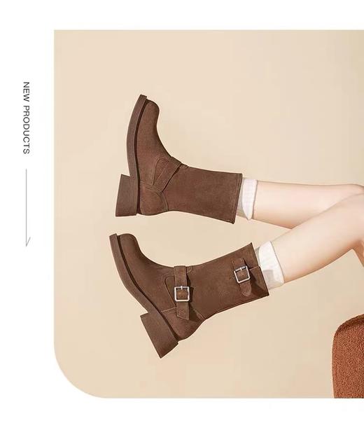 D110761复古堆堆靴女2025新款秋冬中筒西部牛仔靴复古皮带扣马丁靴 商品图2