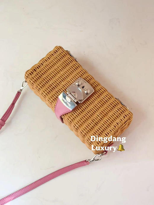 miumiu 竹编 粉色 拼皮 野餐盒 斜挎包 商品图0