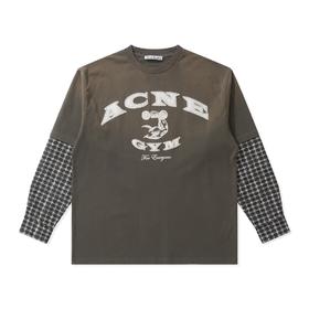 中性款做旧刺绣印花假两件长袖T恤hu001