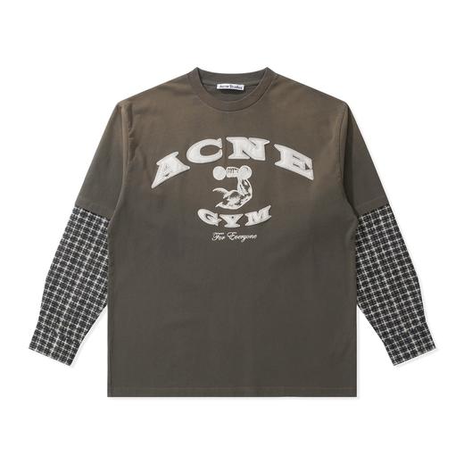 中性款做旧刺绣印花假两件长袖T恤hu001 商品图0