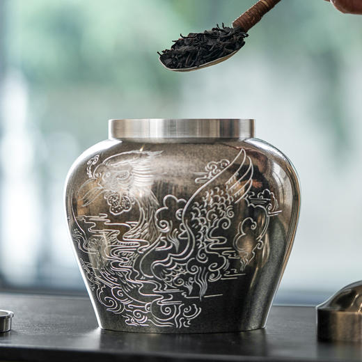 斑锡龙龙吟凤鸣茶仓锡罐中号高纯锡茶叶罐龙吟凤鸣茶仓密封储茶罐手工个旧锡器 商品图2