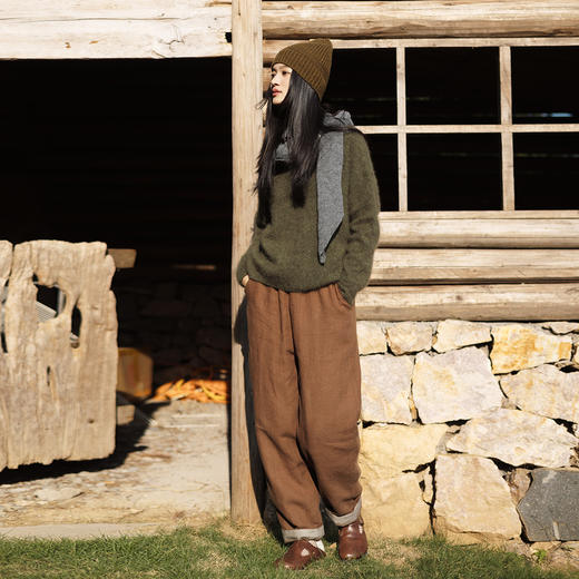 绽放739朵/暮色·汉麻绗棉全腰松紧拼复古条纹文艺长款休闲棉裤 商品图2