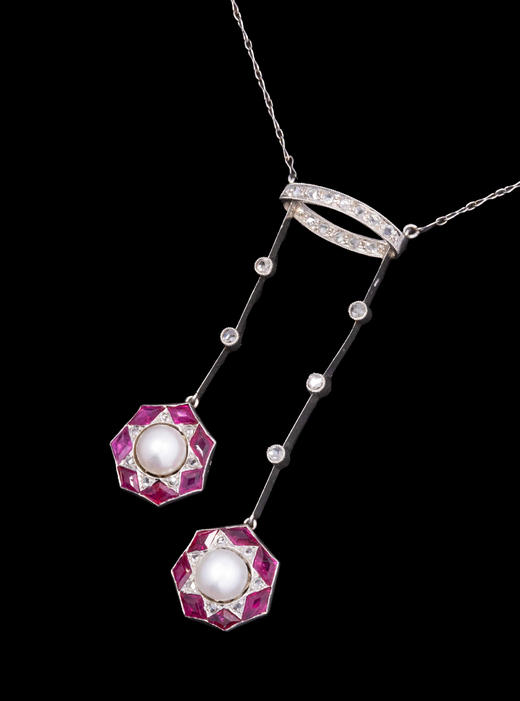 独角鹿西洋古董1920-1930年代瑞士出品18K白金镶嵌钻石红宝石及珍珠Négligée款式项链 商品图4