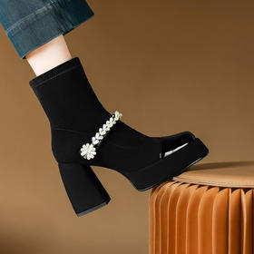 【预售5天】小香风水钻精美时尚新款圆头粗跟防水台高跟弹力靴MLD&AM992