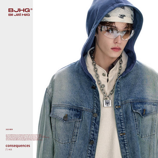 BJHG不计后果牛仔外套男款秋季2025新款水洗做旧连帽衬衫休闲夹克 商品图1