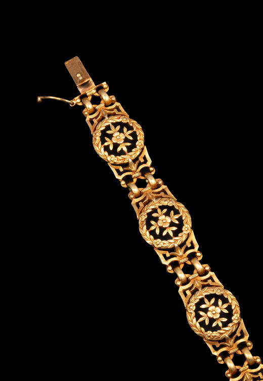 独角鹿西洋古董1900年代法国出品新艺术风格18K黄金镂雕叶蔓花卉造型手链 商品图5