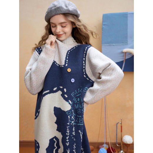 两三事梵高文艺白夜驿站2025冬新款撞色纽扣小马图案假两件连衣裙 商品图2