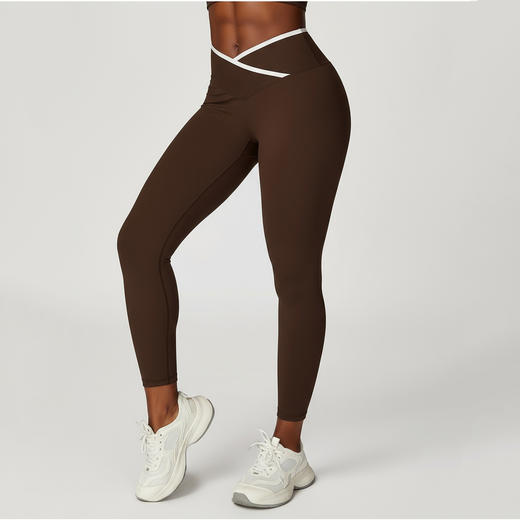 跃牌【安琪拉系列】裸感紧身瑜伽裤交叉高腰撞色弹力紧身裤女运动跑步健身裤长裤 商品图1