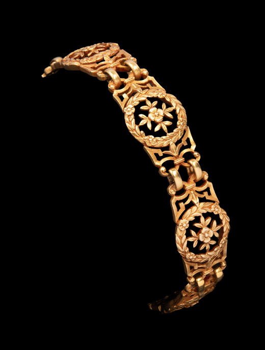 独角鹿西洋古董1900年代法国出品新艺术风格18K黄金镂雕叶蔓花卉造型手链 商品图1