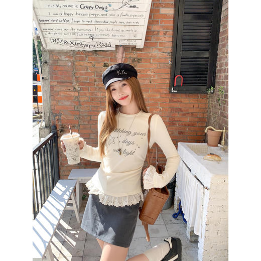 【129元任选2件】现货！韩系杏色印花长袖t恤 商品图1