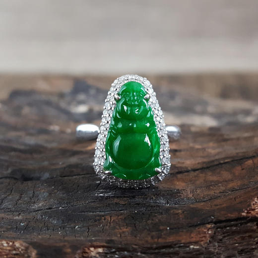 【天然正品】A货翡翠AU750白金豪镶钻镶天然细腻满绿冰种寿星公（福寿安康）翡翠戒指17号（戒圈可改）女士071125XY02 商品图5