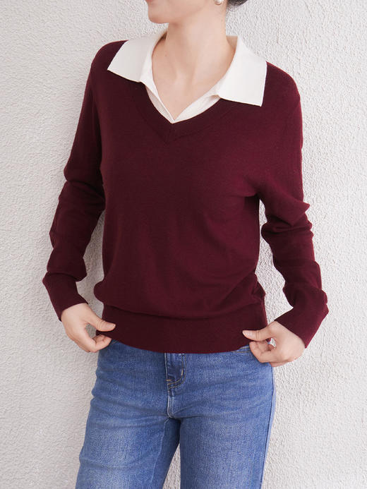 「自」全新升级【铂金会员293/天猫389/差价96】(70321)洛诗琳新款美利奴羊毛上衣2025秋冬假两件翻领长袖针织衫 商品图4