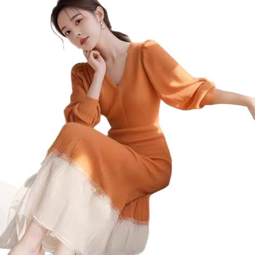新款橘色针织连衣裙上流社会独特漂亮设计感长裙 商品图4