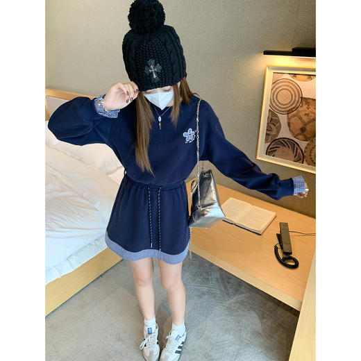 【189元任选2件】现货！韩系早秋格子拼接长袖卫衣连衣裙 商品图4