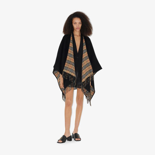 【一】BURBERRY 巴宝莉 女士双面两穿格纹羊毛披肩 黑色 8077897 A1189 商品图3