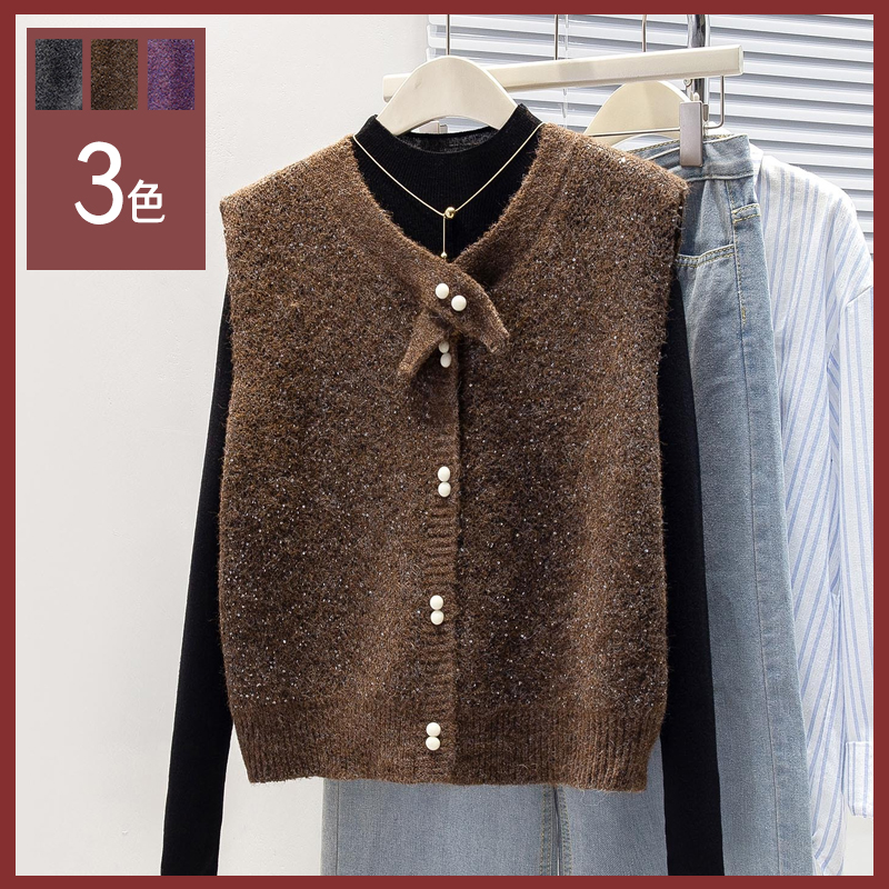 馥迦星光闪闪蝴蝶结领马甲开衫