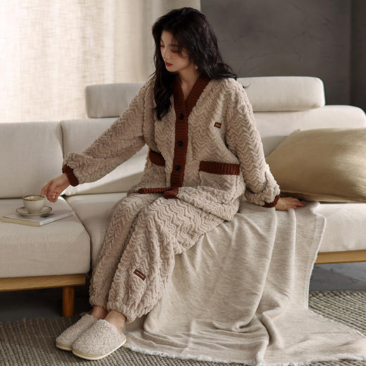 法黛琪冬季珊瑚绒女款开衫套装保暖睡衣 552214 商品图0