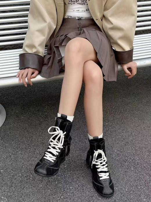 D110719高帮赛车靴女2025新款拳击靴马丁靴绑带长靴 商品图5