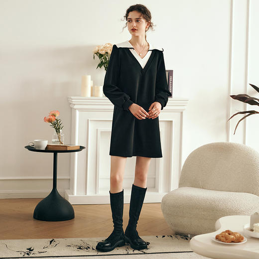OLrain欧芮儿法式黑色连衣裙女春装2025年新款海军领撞色显瘦裙子 商品图0