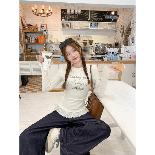 【129元任选2件】现货！韩系杏色印花长袖t恤 商品图4