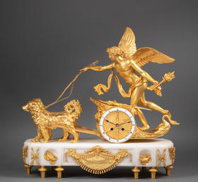 独角鹿西洋古董19世纪初法国出品帝政风格古典神话主题“忠诚引领的爱”铜鎏金精雕嵌白色大理石座钟