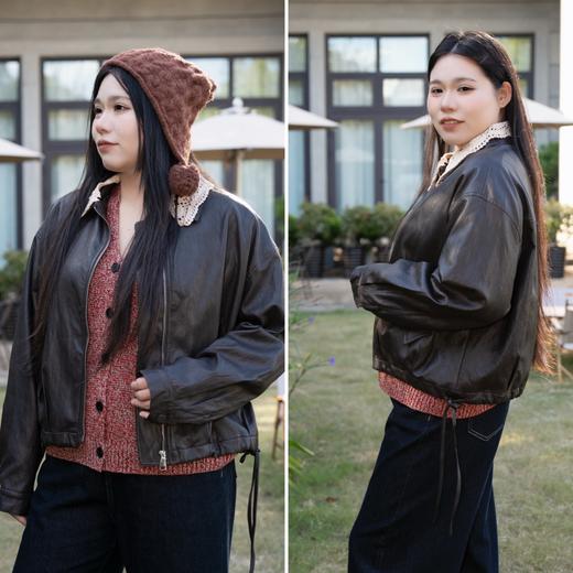 一周发货【可拆卸领口 钩织花边领皮衣夹克】深咖色，拉链款，穿脱方便~花姐朋友出口俄罗斯款货源，高性价比款，环保蛋白皮，质感满分，光泽度佳~ 商品图0