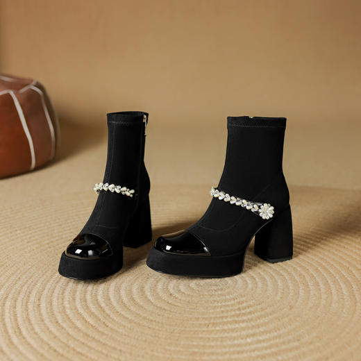 【预售5天】小香风水钻精美时尚新款圆头粗跟防水台高跟弹力靴MLD&AM992 商品图4