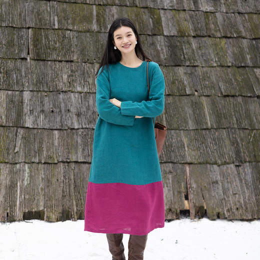 绽放751朵/撞色小蓝紫长裙·纯亚麻厚款显瘦撞色拼接长袖连衣裙女 商品图3