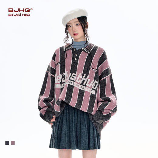 BJHG不计后果赛车风毛衣男款冬情侣装羊毛衫重磅条纹POLO领针织衫 商品图0