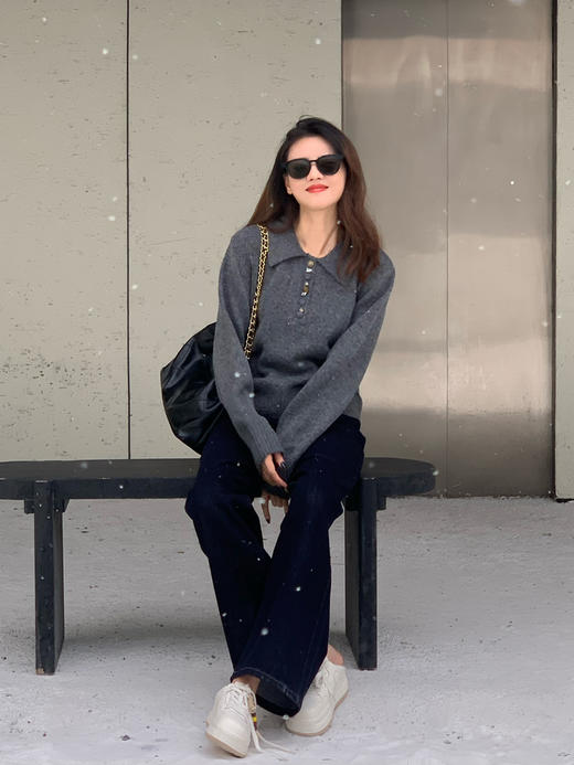 【百图lulu定制】【作家毛衣】翻领 珍宝扣 羊毛混纺 翻领 POLO毛衣 商品图12