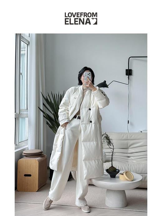 科技保暖面料 90白鹅绒  大衣款系带长款羽绒服 商品图3