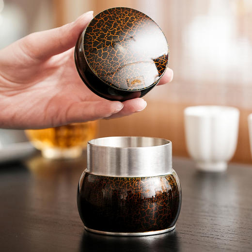 斑锡龙锡罐小号锦合茶仓大漆戗金纯锡便携密封茶叶罐 商品图4