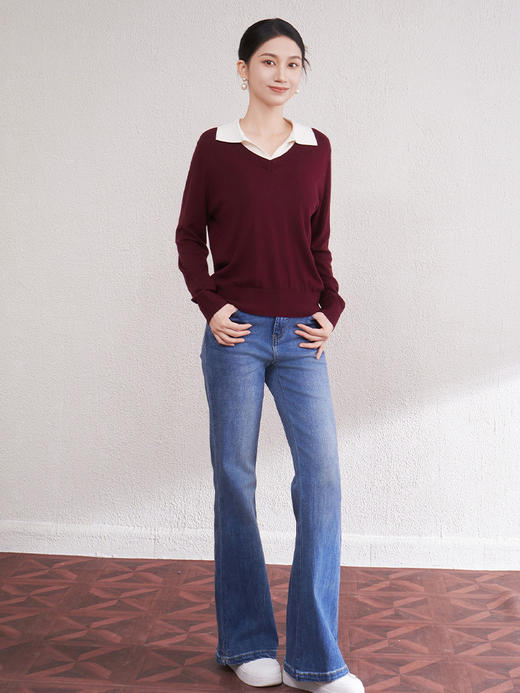 「自」全新升级【铂金会员293/天猫389/差价96】(70321)洛诗琳新款美利奴羊毛上衣2025秋冬假两件翻领长袖针织衫 商品图2